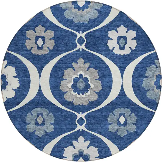 8' Navy Blue And Ivory Round Medallion Washable Indoor Outdoor Area Rug Photo 2