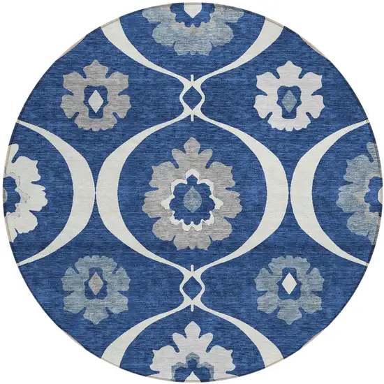 8' Navy Blue And Ivory Round Medallion Washable Indoor Outdoor Area Rug Photo 2