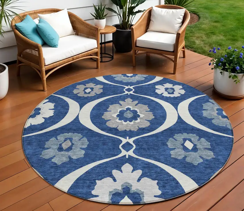 8' Navy Blue And Ivory Round Medallion Washable Indoor Outdoor Area Rug Photo 1