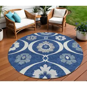 Photo of 8' Navy Blue And Ivory Round Medallion Washable Indoor Outdoor Area Rug