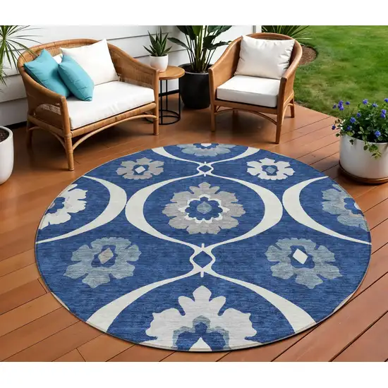 8' Navy Blue And Ivory Round Medallion Washable Indoor Outdoor Area Rug Photo 1