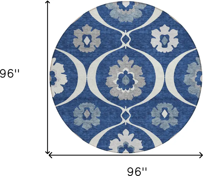 8' Navy Blue And Ivory Round Medallion Washable Indoor Outdoor Area Rug Photo 3