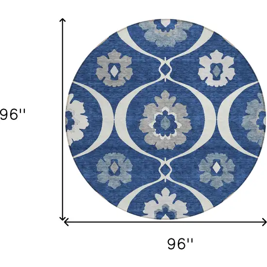 8' Navy Blue And Ivory Round Medallion Washable Indoor Outdoor Area Rug Photo 3