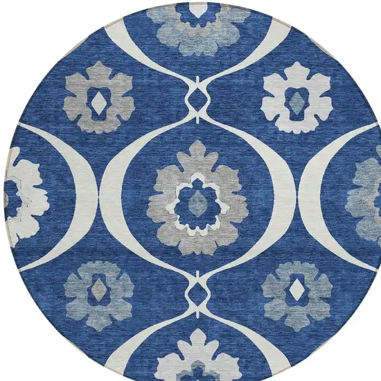 8' Navy Blue And Ivory Round Medallion Washable Indoor Outdoor Area Rug Photo 7