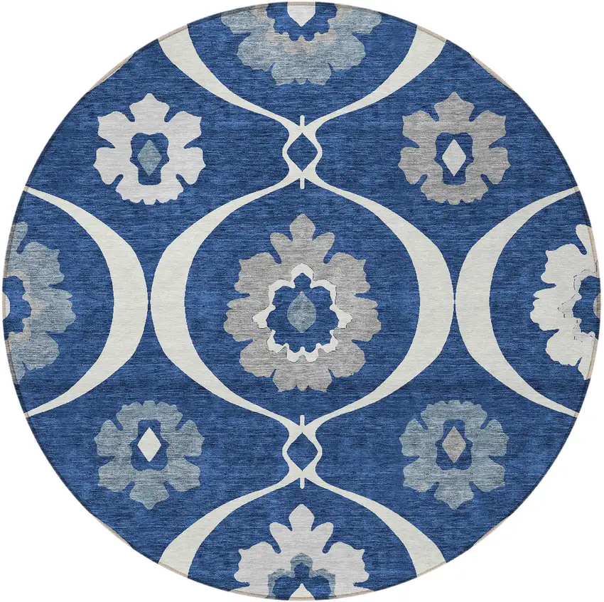 8' Navy Blue And Ivory Round Medallion Washable Indoor Outdoor Area Rug Photo 8