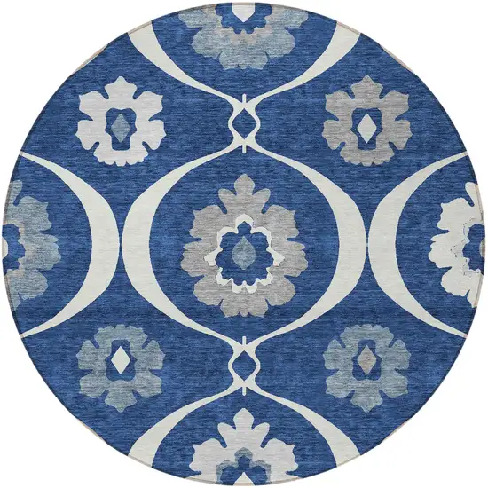 8' Navy Blue And Ivory Round Medallion Washable Indoor Outdoor Area Rug Photo 8