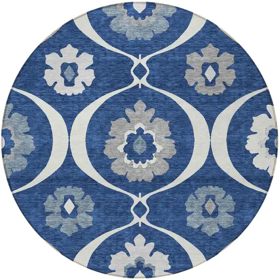 8' Navy Blue And Ivory Round Medallion Washable Indoor Outdoor Area Rug Photo 8