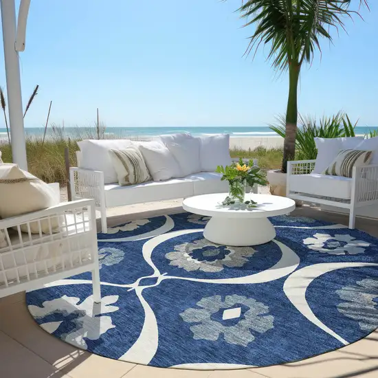 8' Navy Blue And Ivory Round Medallion Washable Indoor Outdoor Area Rug Photo 9