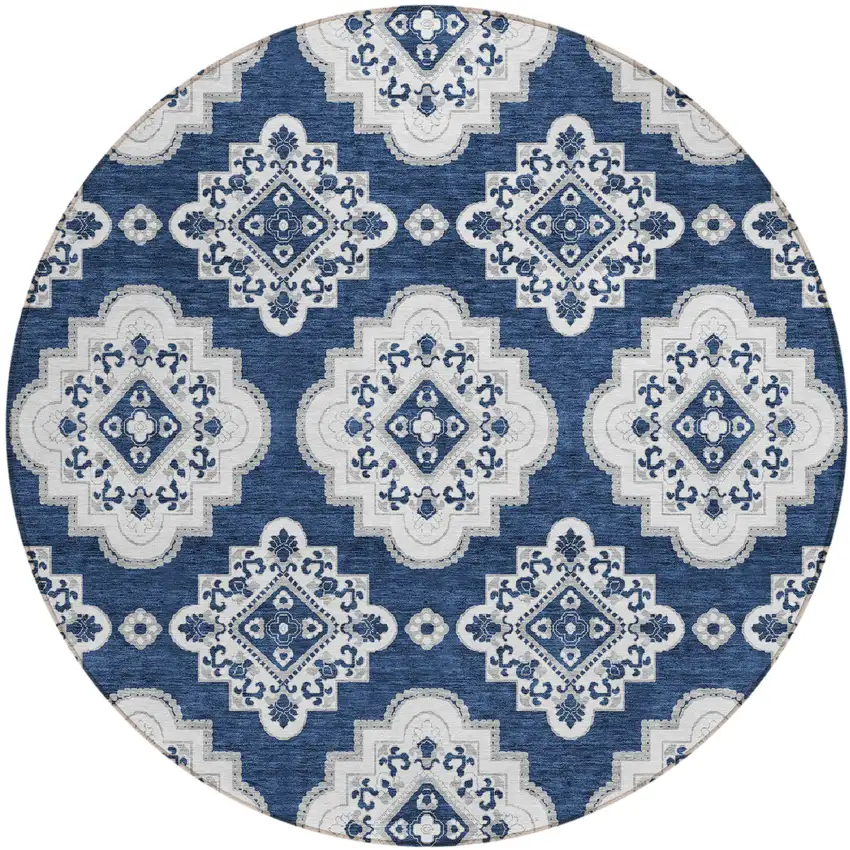 8' Navy Blue And Ivory Round Medallion Washable Indoor Outdoor Area Rug Photo 2