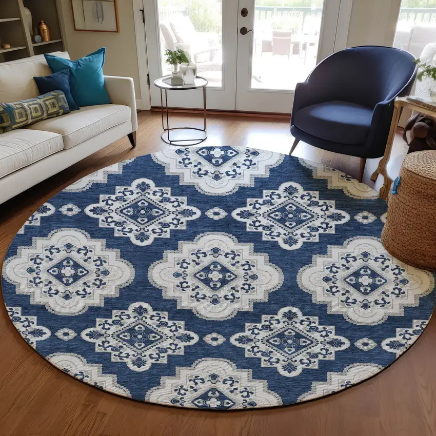 8' Navy Blue And Ivory Round Medallion Washable Indoor Outdoor Area Rug Photo 7