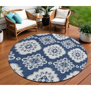 Photo of 8' Navy Blue And Ivory Round Medallion Washable Indoor Outdoor Area Rug