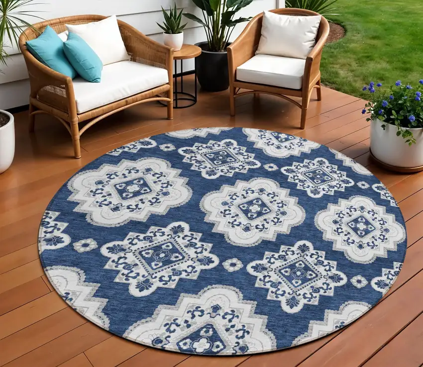 8' Navy Blue And Ivory Round Medallion Washable Indoor Outdoor Area Rug Photo 1