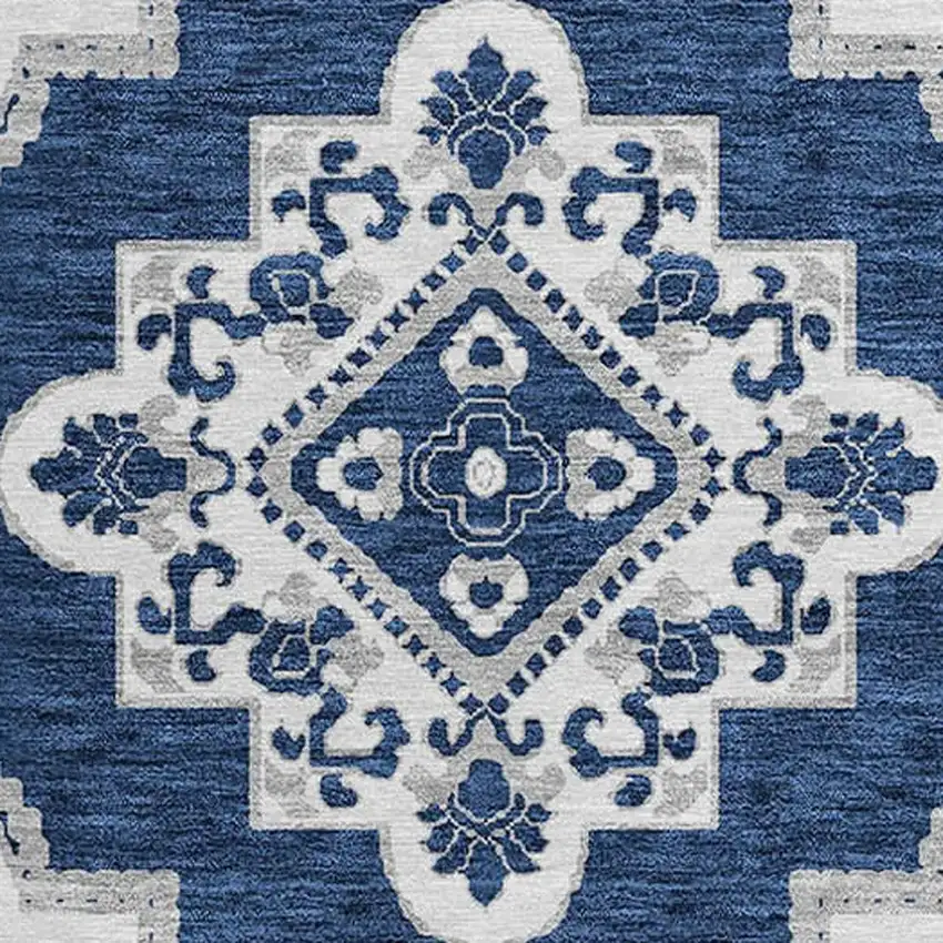 8' Navy Blue And Ivory Round Medallion Washable Indoor Outdoor Area Rug Photo 5