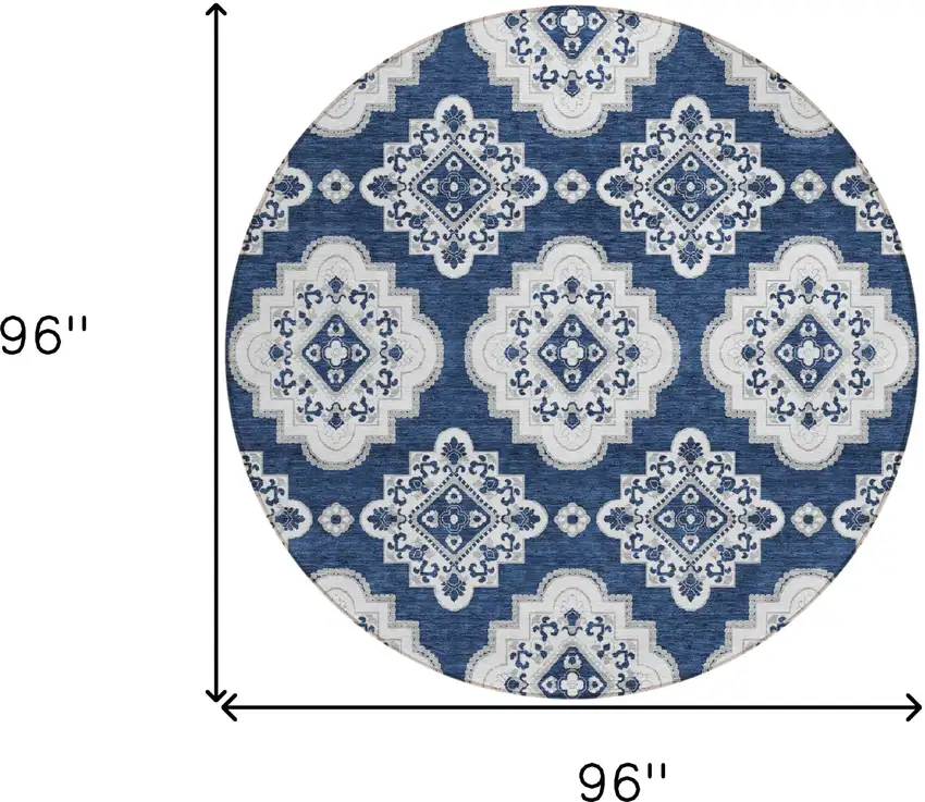 8' Navy Blue And Ivory Round Medallion Washable Indoor Outdoor Area Rug Photo 3