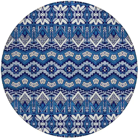 8' Navy Blue And Ivory Round Moroccan Washable Indoor Outdoor Area Rug Photo 2