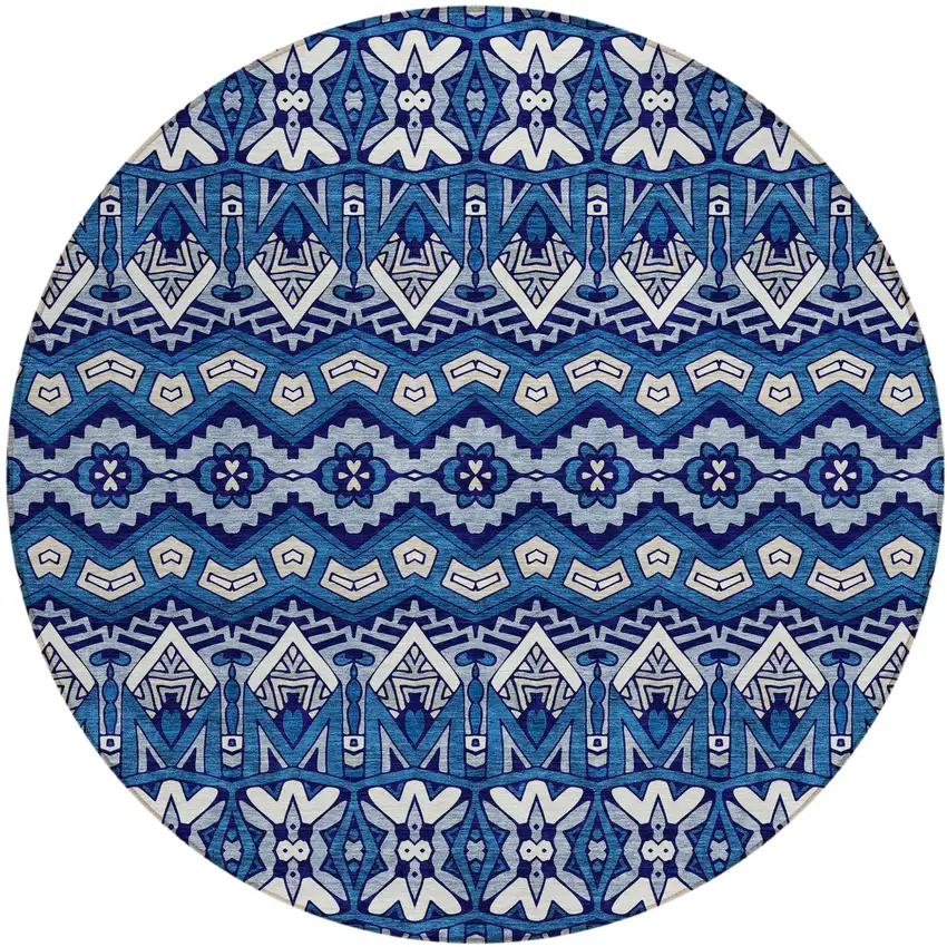 8' Navy Blue And Ivory Round Moroccan Washable Indoor Outdoor Area Rug Photo 2