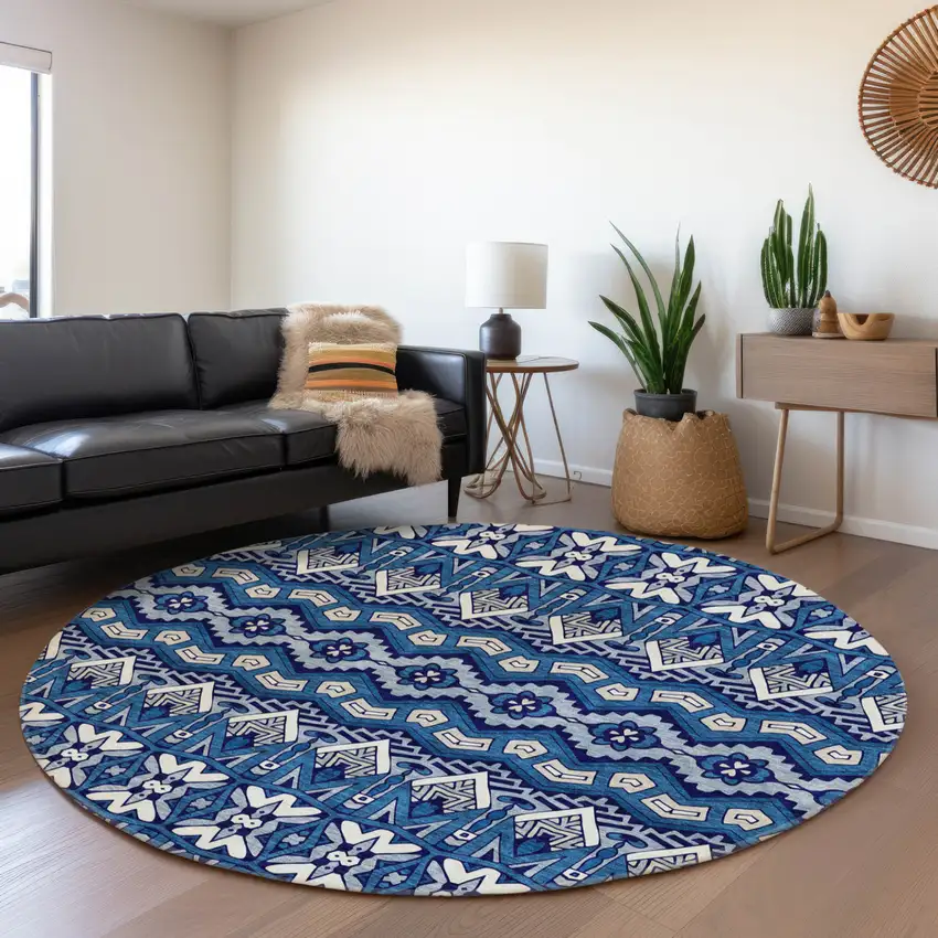 8' Navy Blue And Ivory Round Moroccan Washable Indoor Outdoor Area Rug Photo 6