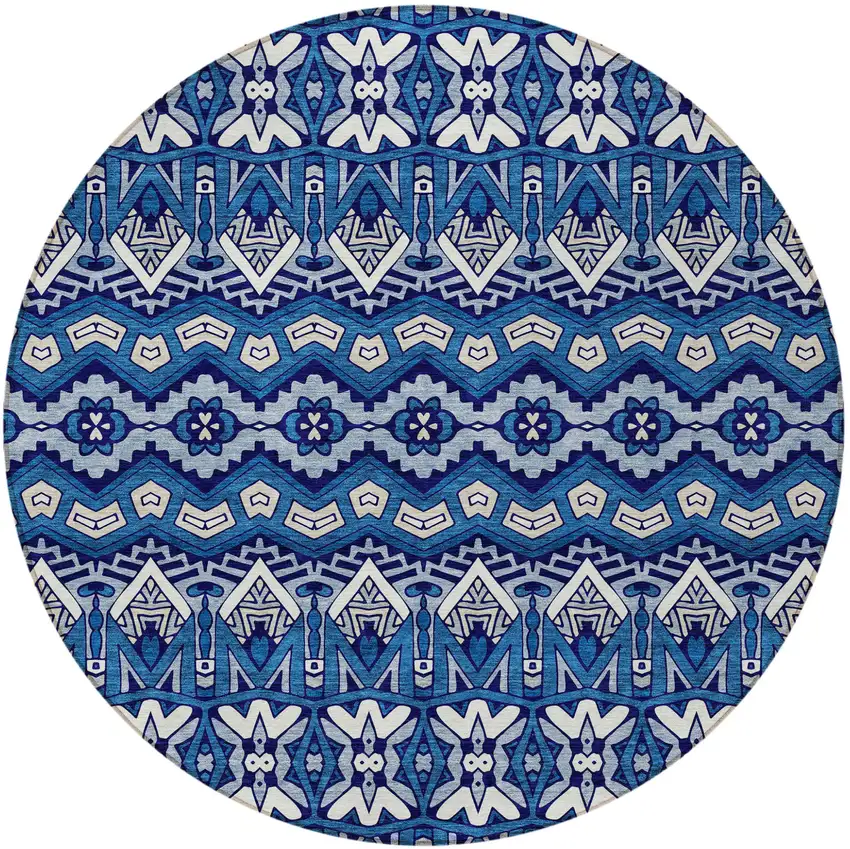 8' Navy Blue And Ivory Round Moroccan Washable Indoor Outdoor Area Rug Photo 4