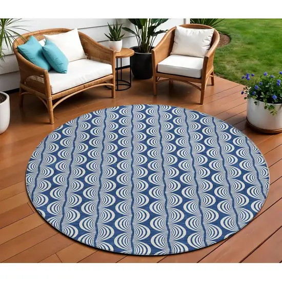 8' Navy Blue And Ivory Round Ogee Washable Indoor Outdoor Area Rug Photo 1