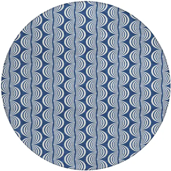 8' Navy Blue And Ivory Round Ogee Washable Indoor Outdoor Area Rug Photo 2