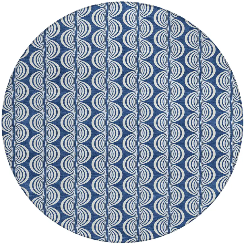 8' Navy Blue And Ivory Round Ogee Washable Indoor Outdoor Area Rug Photo 2