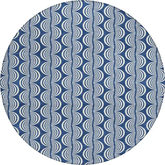 8' Navy Blue And Ivory Round Ogee Washable Indoor Outdoor Area Rug Photo 6