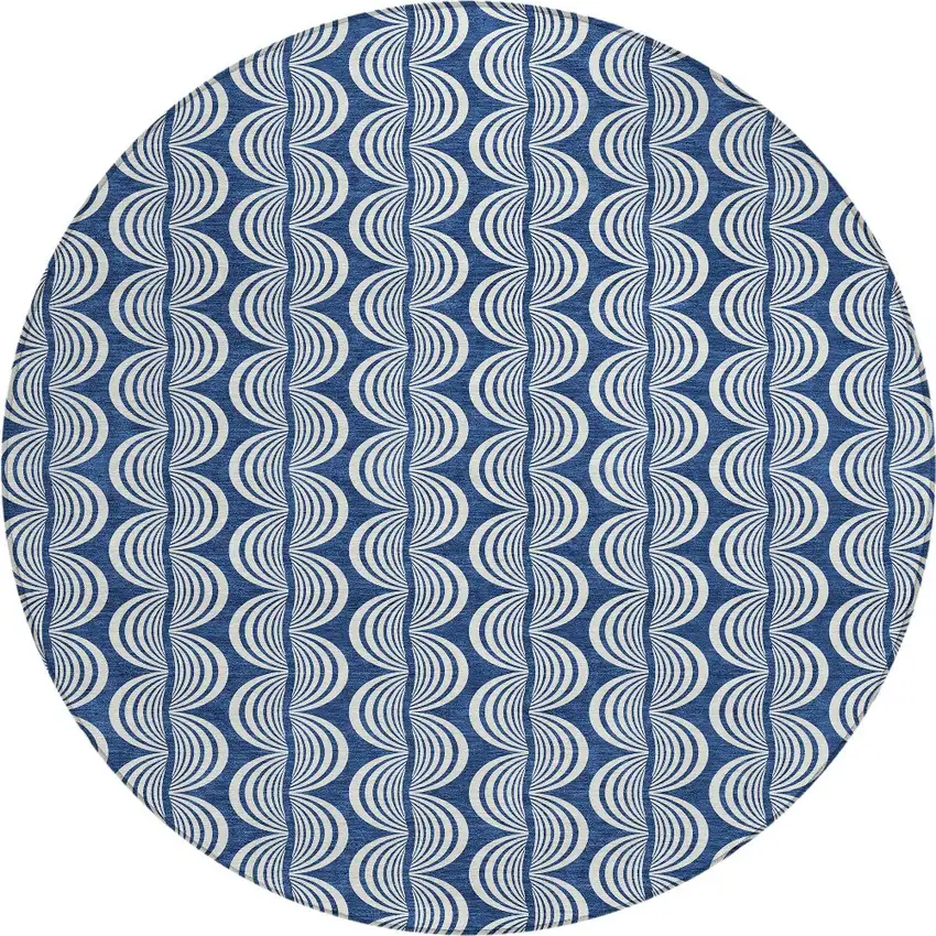 8' Navy Blue And Ivory Round Ogee Washable Indoor Outdoor Area Rug Photo 6