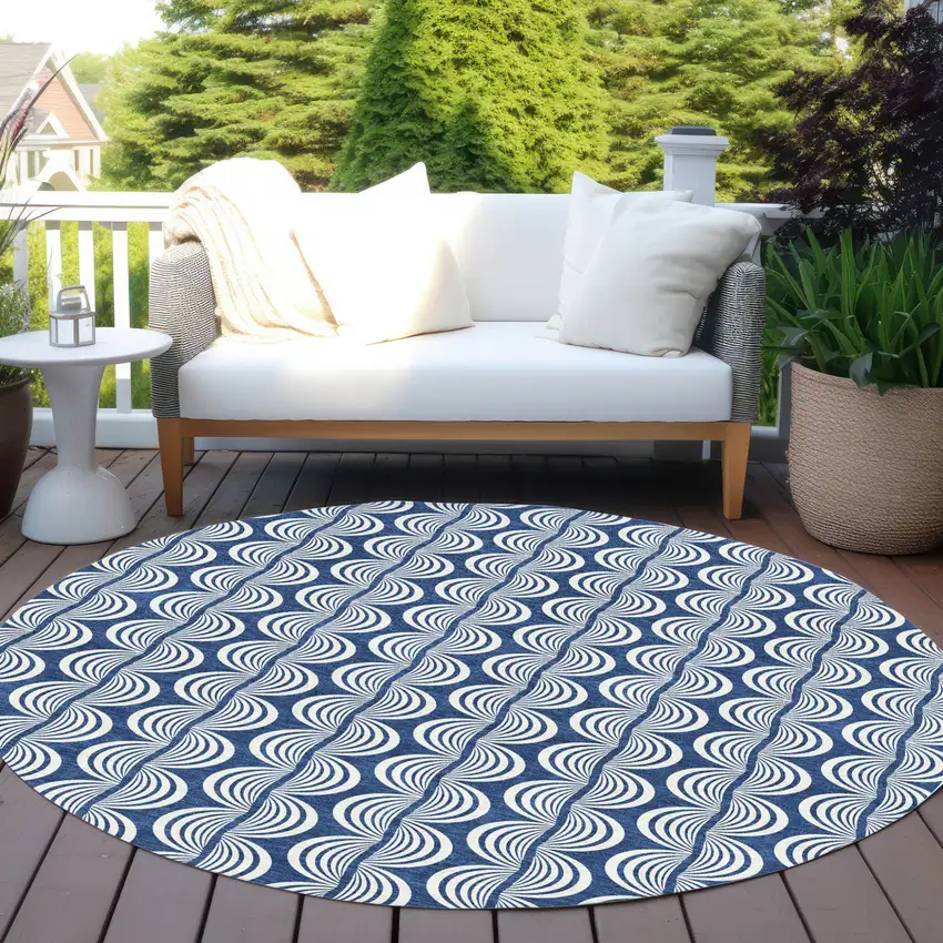 8' Navy Blue And Ivory Round Ogee Washable Indoor Outdoor Area Rug Photo 7