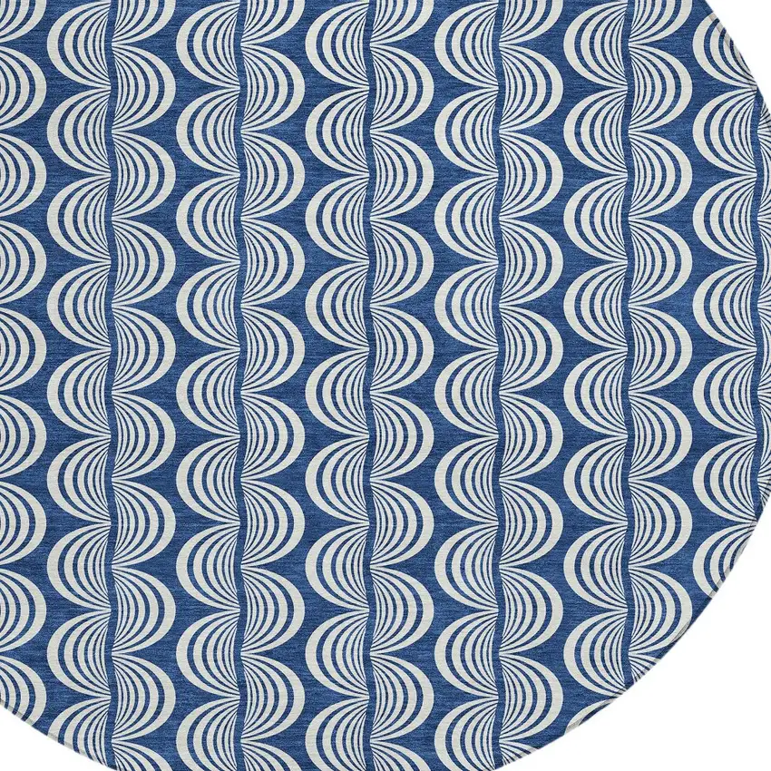 8' Navy Blue And Ivory Round Ogee Washable Indoor Outdoor Area Rug Photo 5