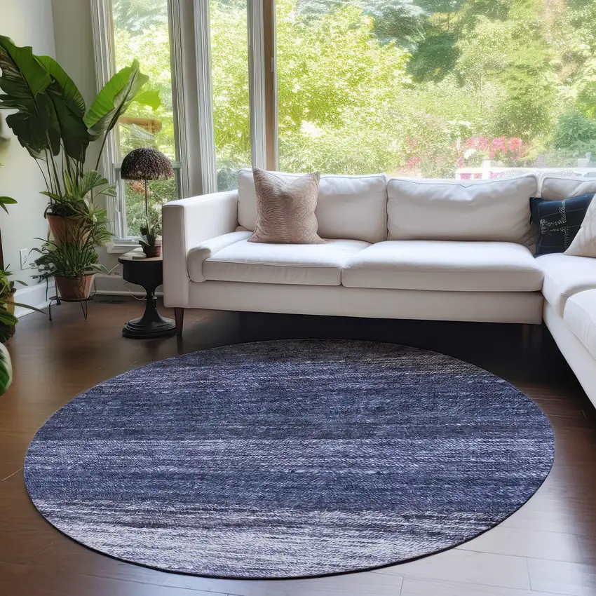 8' Navy Blue And Ivory Round Ombre Washable Indoor Outdoor Area Rug Photo 7