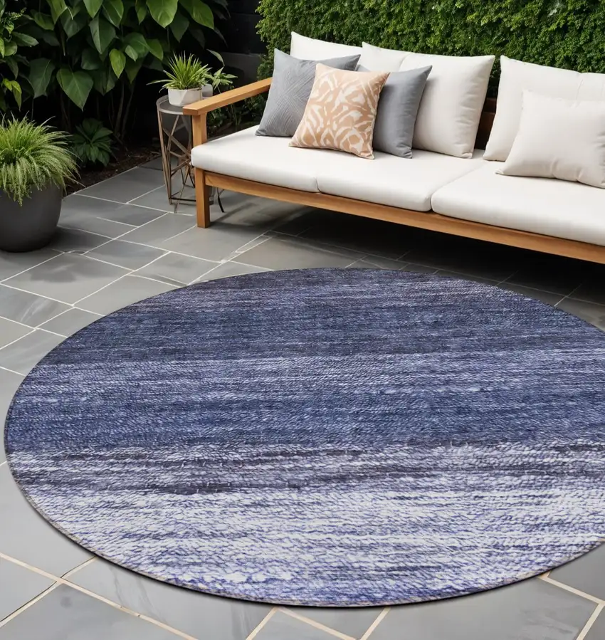 8' Navy Blue And Ivory Round Ombre Washable Indoor Outdoor Area Rug Photo 1
