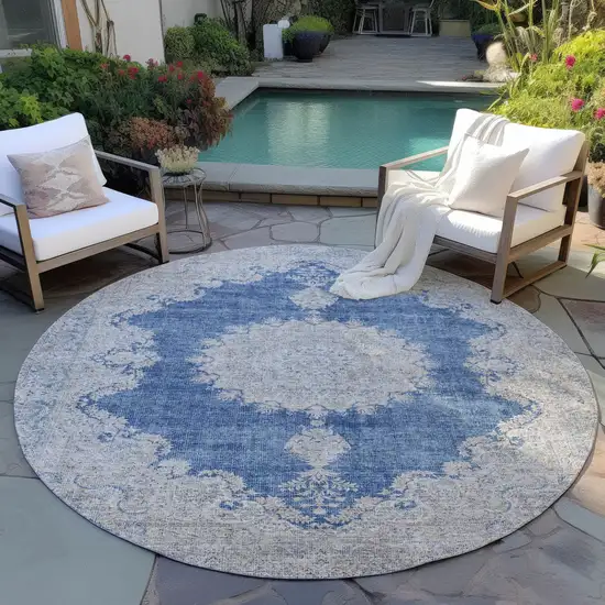 8' Navy Blue And Ivory Round Oriental Washable Indoor Outdoor Area Rug Photo 6