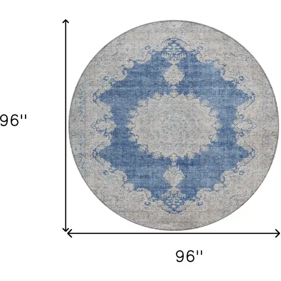 8' Navy Blue And Ivory Round Oriental Washable Indoor Outdoor Area Rug Photo 3