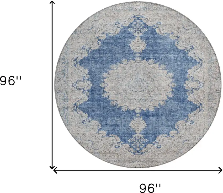 8' Navy Blue And Ivory Round Oriental Washable Indoor Outdoor Area Rug Photo 3
