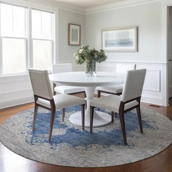 8' Navy Blue And Ivory Round Oriental Washable Indoor Outdoor Area Rug Photo 7