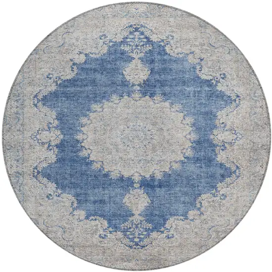 8' Navy Blue And Ivory Round Oriental Washable Indoor Outdoor Area Rug Photo 2