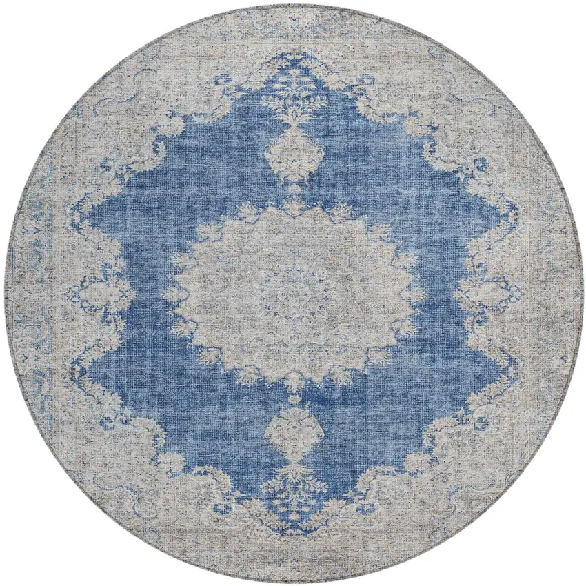8' Navy Blue And Ivory Round Oriental Washable Indoor Outdoor Area Rug Photo 2