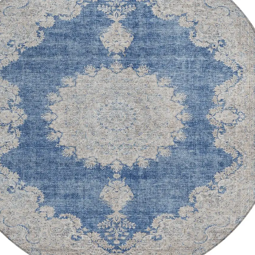 8' Navy Blue And Ivory Round Oriental Washable Indoor Outdoor Area Rug Photo 4