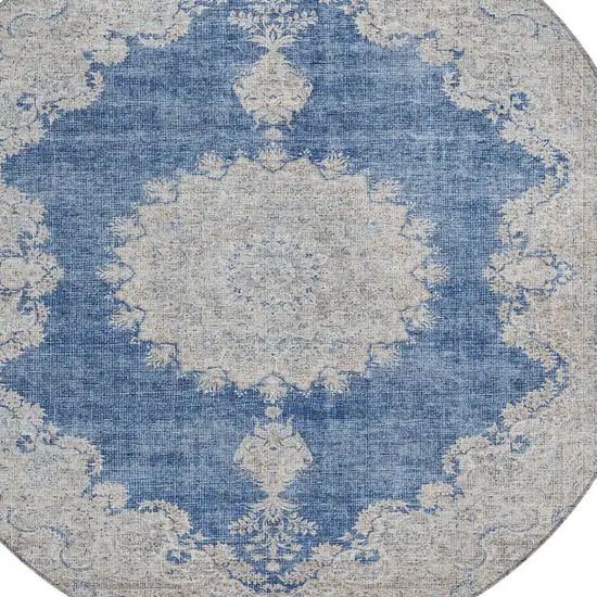 8' Navy Blue And Ivory Round Oriental Washable Indoor Outdoor Area Rug Photo 4