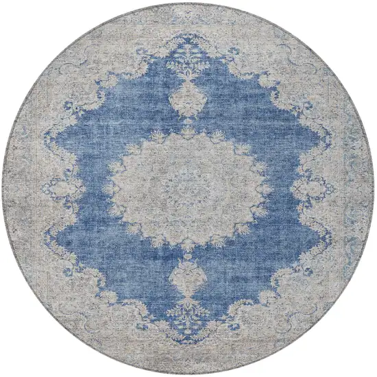 8' Navy Blue And Ivory Round Oriental Washable Indoor Outdoor Area Rug Photo 5