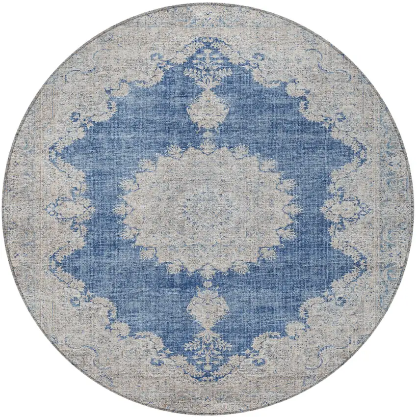 8' Navy Blue And Ivory Round Oriental Washable Indoor Outdoor Area Rug Photo 5