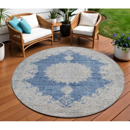 8' Navy Blue And Ivory Round Oriental Washable Indoor Outdoor Area Rug Photo 1