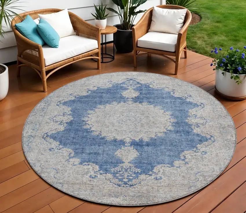 8' Navy Blue And Ivory Round Oriental Washable Indoor Outdoor Area Rug Photo 1