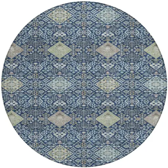 8' Navy Blue And Ivory Round Oriental Washable Indoor Outdoor Area Rug Photo 3