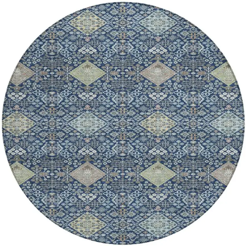 8' Navy Blue And Ivory Round Oriental Washable Indoor Outdoor Area Rug Photo 3