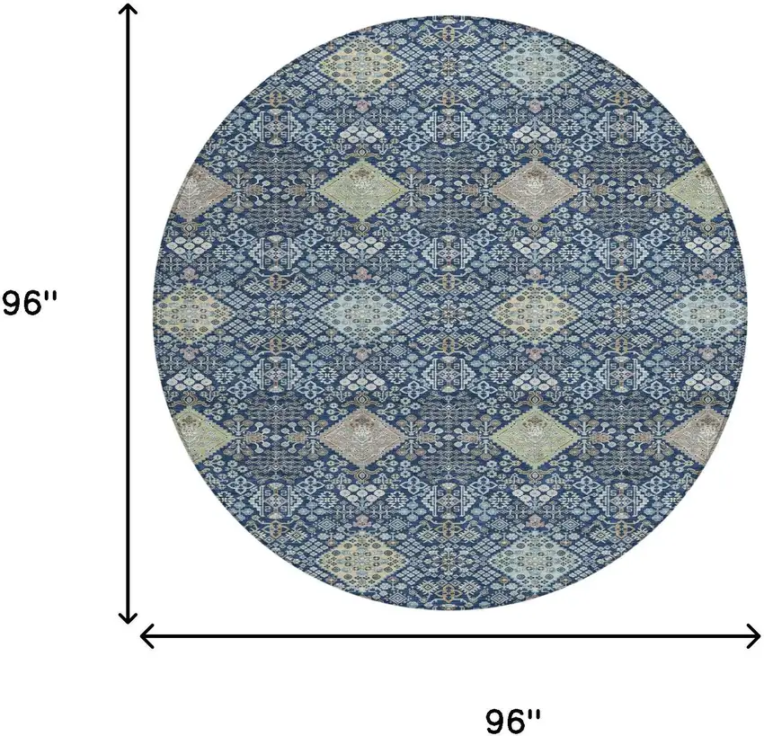 8' Navy Blue And Ivory Round Oriental Washable Indoor Outdoor Area Rug Photo 8