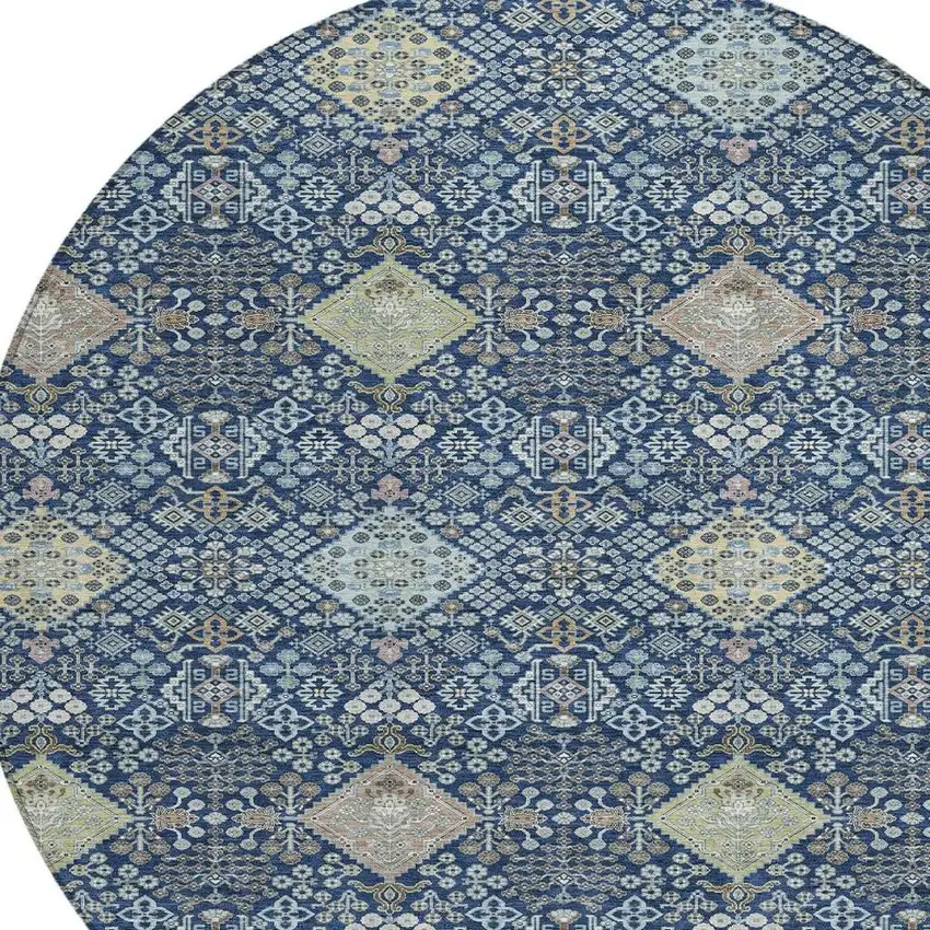 8' Navy Blue And Ivory Round Oriental Washable Indoor Outdoor Area Rug Photo 2