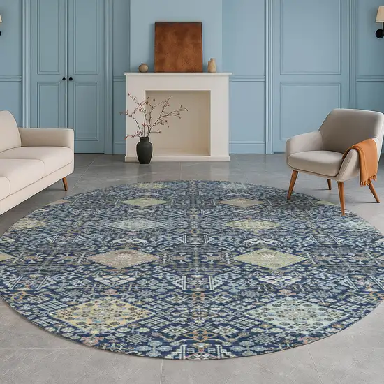 8' Navy Blue And Ivory Round Oriental Washable Indoor Outdoor Area Rug Photo 5