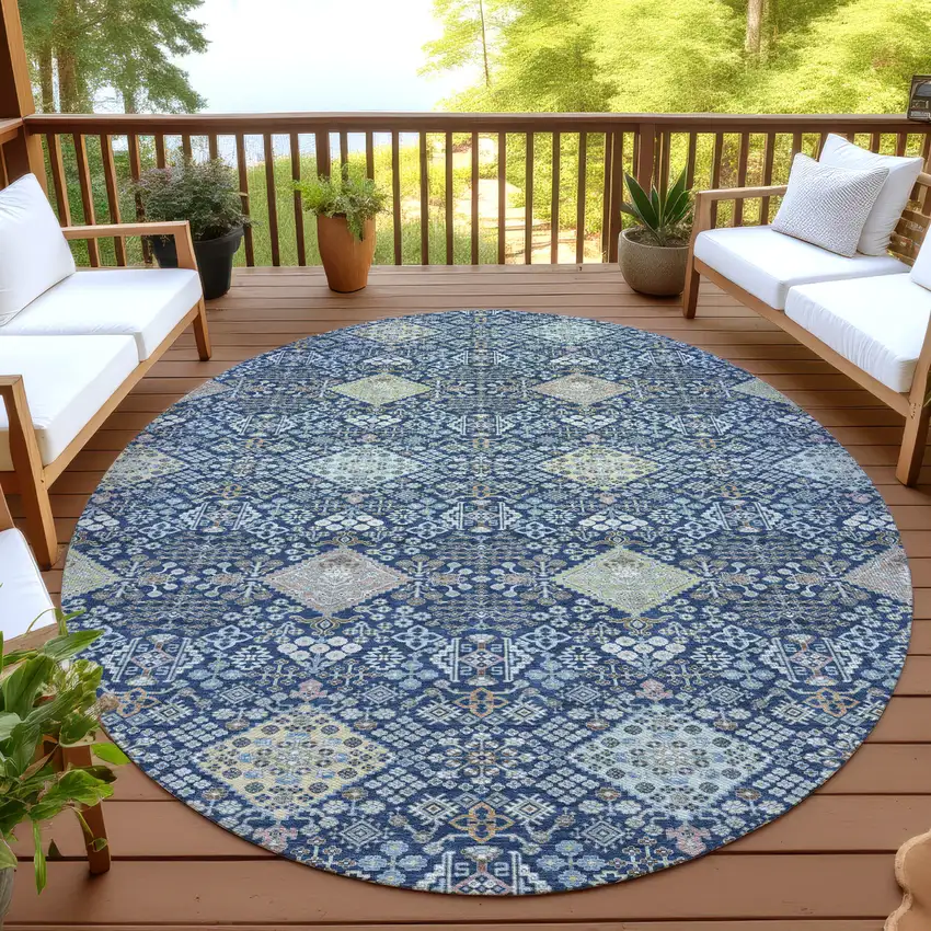 8' Navy Blue And Ivory Round Oriental Washable Indoor Outdoor Area Rug Photo 4