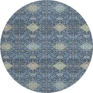 Photo of 8' Navy Blue And Ivory Round Oriental Washable Indoor Outdoor Area Rug